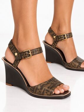 FENDI Tobacco Brown FF Zucca Logo Coated Canvas Wedge Sandals Size EU38.5
